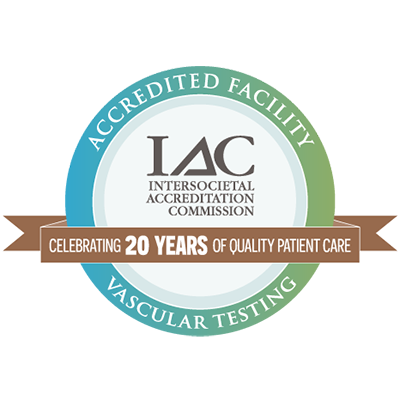 A badge honoring the medical center being accredited by IAC for 20 years