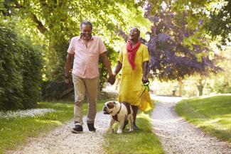 A Black couple walks their bulldog in the park