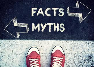 Red tennis shoes standing in front of a chalk drawing of the words facts and myths