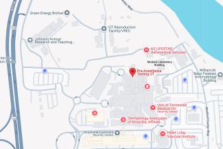 Google map showing the location of Pre-Anesthesia Testing at UT Medical Center