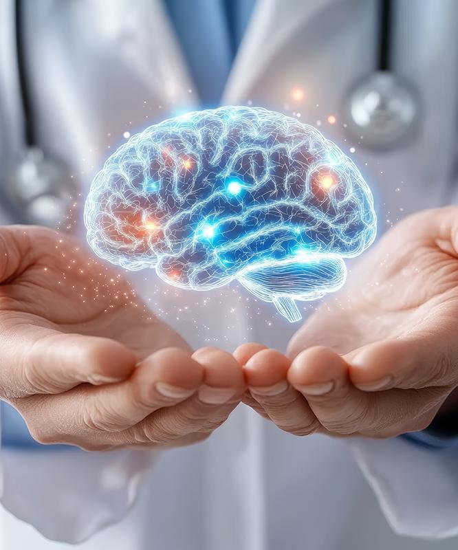 A doctor holds his hands out and above them floats a graphic of a brain